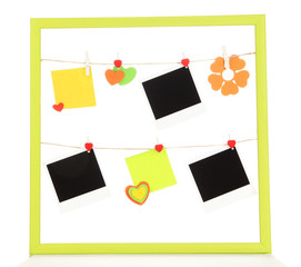 Colorful frame with different things on rope isolated on white