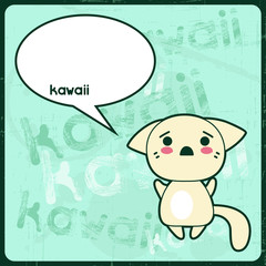 Kawaii card with cute cat on the grunge background.
