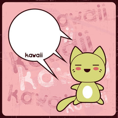 Kawaii card with cute cat on the grunge background.