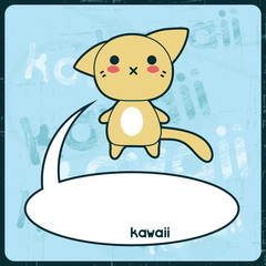 Kawaii card with cute cat on the grunge background.