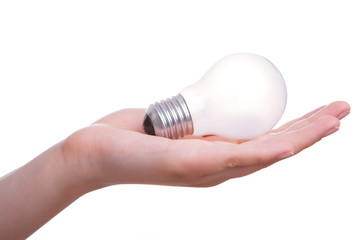 woman hand with lamp bulb, isolated on white background