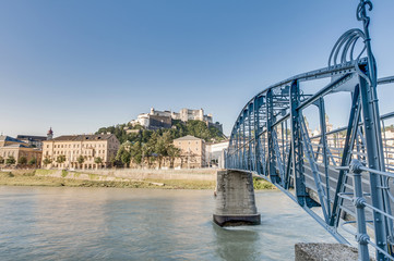 Mozart bridge (Mozartsteg) and Salzach river at Salzburg, Austri