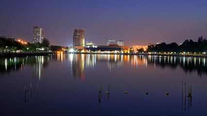 Cityscape at twilight on Benjakitti in Bangkok, Thailand