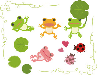 緑のフレームとカエルたち