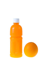 orange juice in a bottle and orange on white background