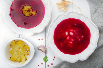 Traditional red borscht with vegetables