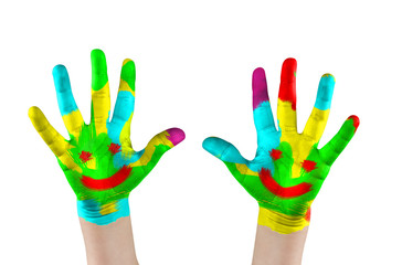 Painted child's hands with smile. Isolated on white