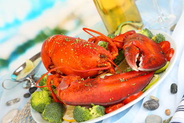 Red lobster on platter on serving table close-up