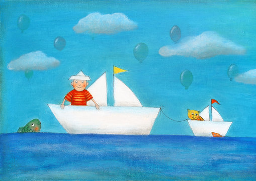Young boy sailing, child's drawing, oil painting on canvas