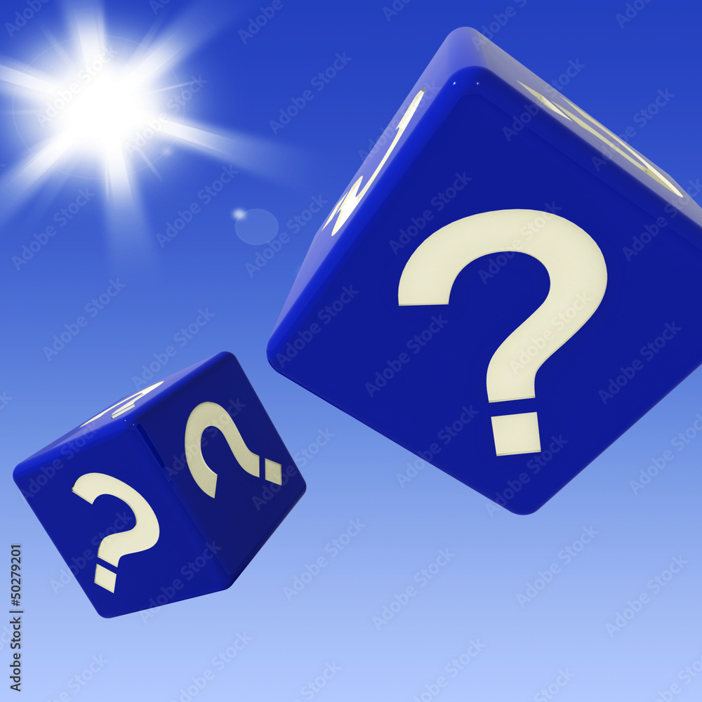 Poster question mark dice shows enquiries and doubts