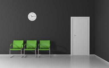 Three green chairs and wall clock in the waiting room