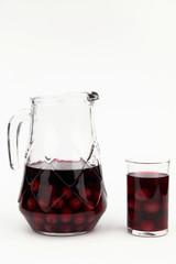 Compote with cherries in glass and ewer