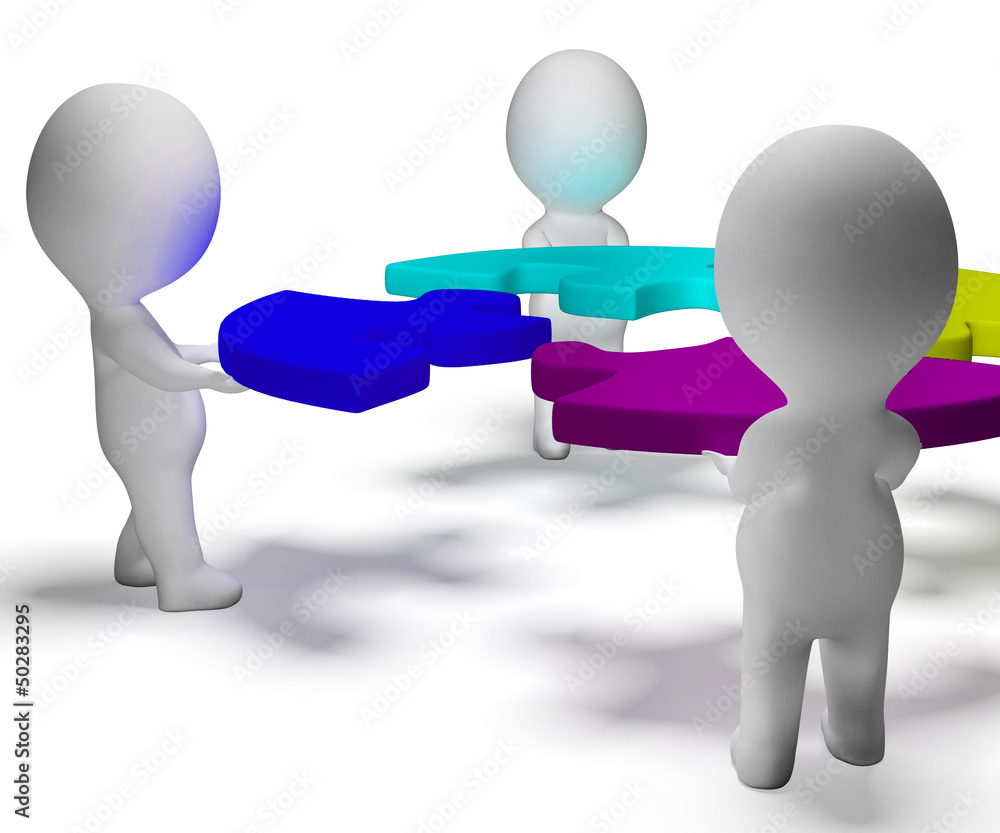 Aufkleber puzzle solved and 3d characters displaying team and teamwork