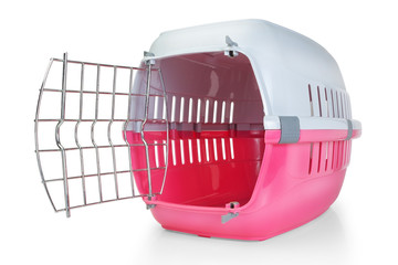 Cage for transporting pets. With the door open. - obrazy, fototapety, plakaty