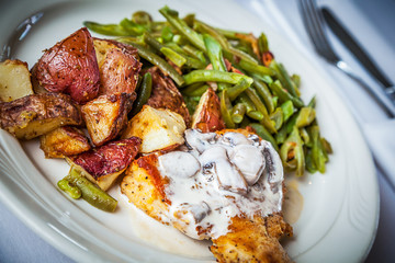 Grilled Chicken & Mushrooms, roasted potatoes and green beans