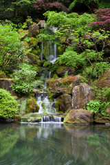 Cascading waterfall in japanese garden at portland