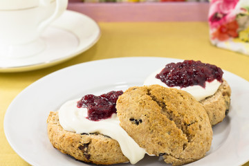 Scones with clotted cream and strawberry jam