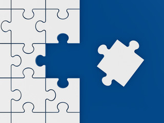 Puzzle Piece Outside of Whole Puzzle on Blue