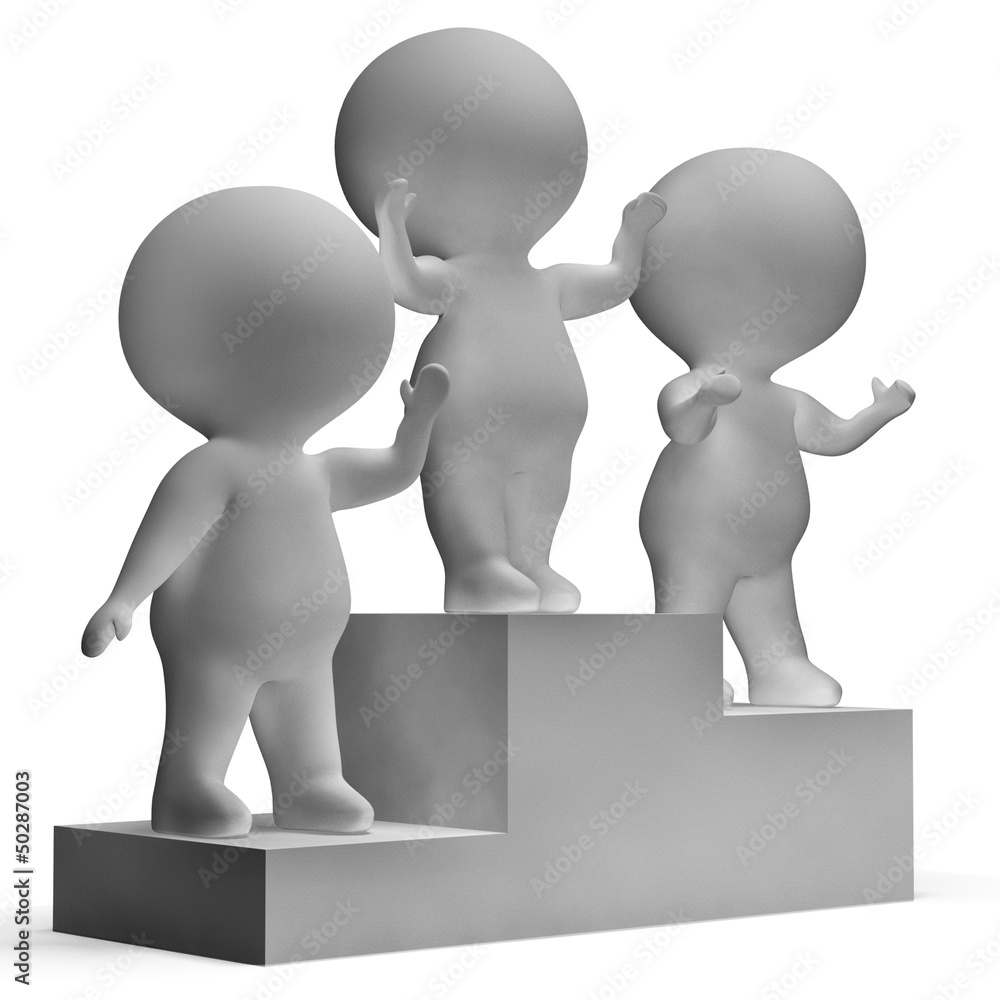 Poster podium with 3d characters showing first place and winning