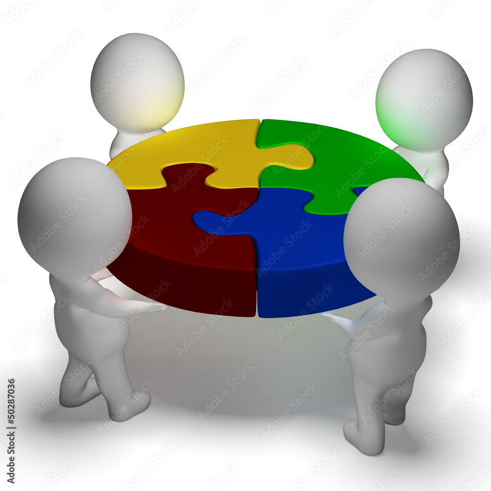 Aufkleber puzzle solved and 3d characters showing union and cooperation