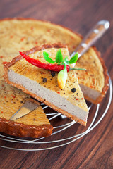 Tart with chicken liver and pepper, selective focus