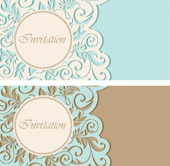 Vintage invitations with circle and floral elements.