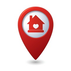 Home icon with heart icon on the red map pointer. Vector