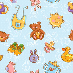 Baby toys cute cartoon set seamless pattern © Yuzach