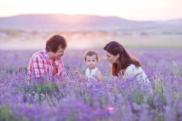 happy family having fun in lavender field