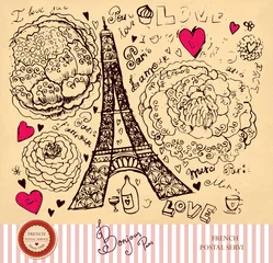 Papier Peint photo Illustration Paris Carte postale vintage avec Tour Eiffel