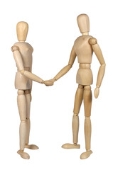 wooden puppets shaking hands