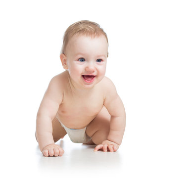 cute cheerful crawling baby boy isolated on white background