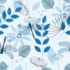 Naklejki  Wektor wzór niebieskich kwiatów i liści