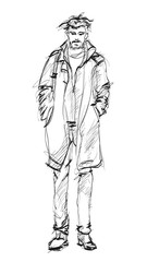 Sketch. Handsome stylish man showcasing street fashion