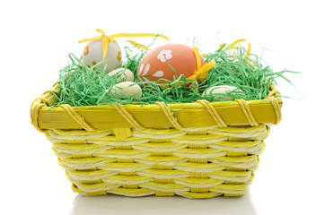 Basket with easter eggs and grass