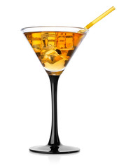Brown cocktail in a high glass