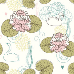 Vector Seamless Pattern of Water Lilies and Swans
