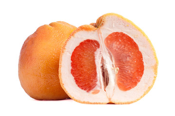 Red grapefruit, half and whole fruit, white background, clipping