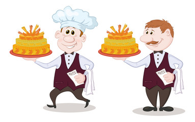 Cook and waiter with holiday cakes