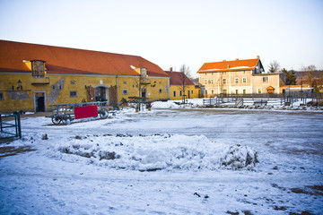 Fototapeta premium Beautiful house in snowy scenery in polish village