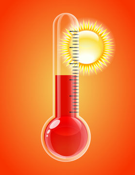 Thermometer with sun. Hot weather.