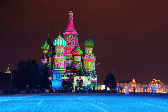 Illuminated St. Basil Cathedral at night in Red Square in Moscow