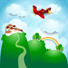 Wall murals Aircraft, balloon Fantasy landscape with airplane