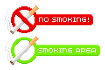 Rideaux velours Pixels Pixel panneaux non-fumeurs et zones fumeurs. Illustration vectorielle.