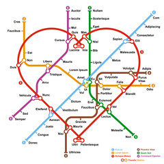 Fictional metro map in shape of heart. Vector illustration.