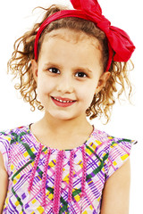 Adorable little girl with curly hair on white background