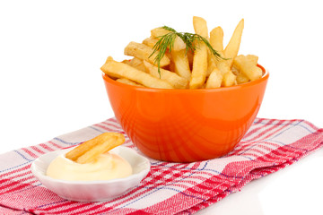 French fries in bowl isolated on white