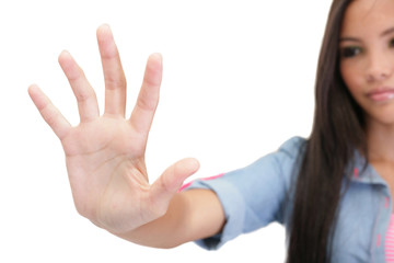 female hand reaching or touching something with fingers isolated