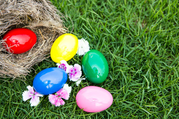 Fototapeta na wymiar Easter eggs in nest on green grass
