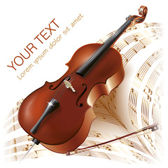 Classical cello on white background with musical notes